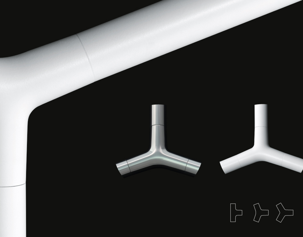 Elegant Junctions | © Horst Mohring Image of a component of the branched AVVENI pendant luminaire, showing a large image on the left and the connection point of the luminaire on the right in small and white, silver and black. | © Horst Mohring