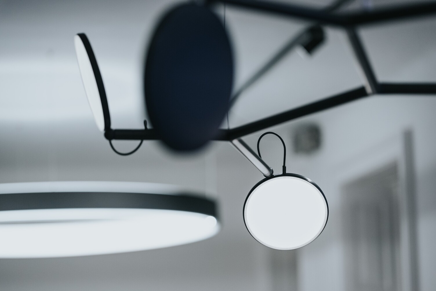 picture with black ring light in the background and branched black pendant light with round light heads (AVVENI) pointing in different directions in the foreground.