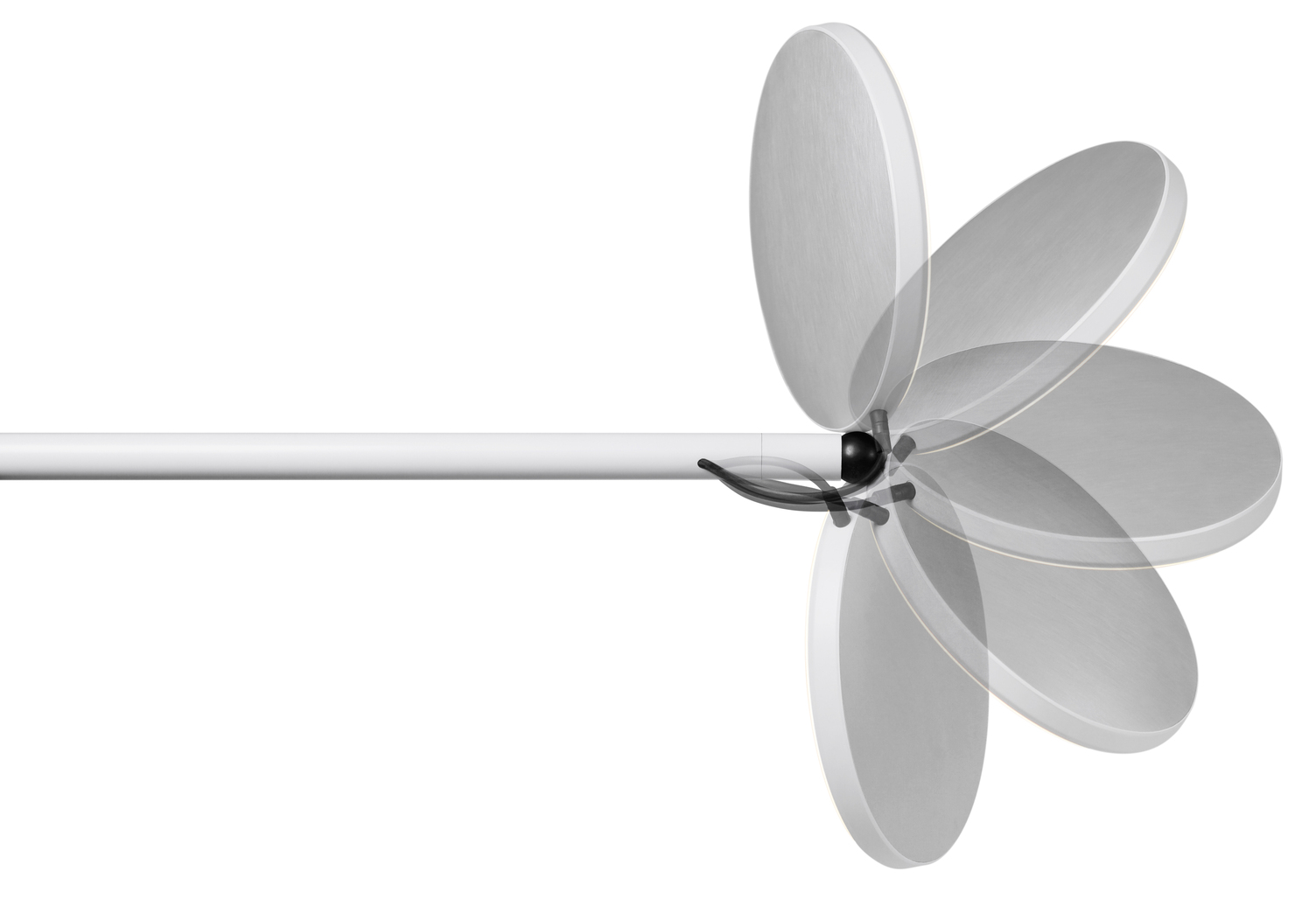 Movable AVVENI Light Head Horizontally aligned cylindrical white AVVENI luminaire body, to the end of which the luminaire head is connected via a black magnetic ball joint, the movement of which is shown here by superimposed images with different orientations of the luminaire head.