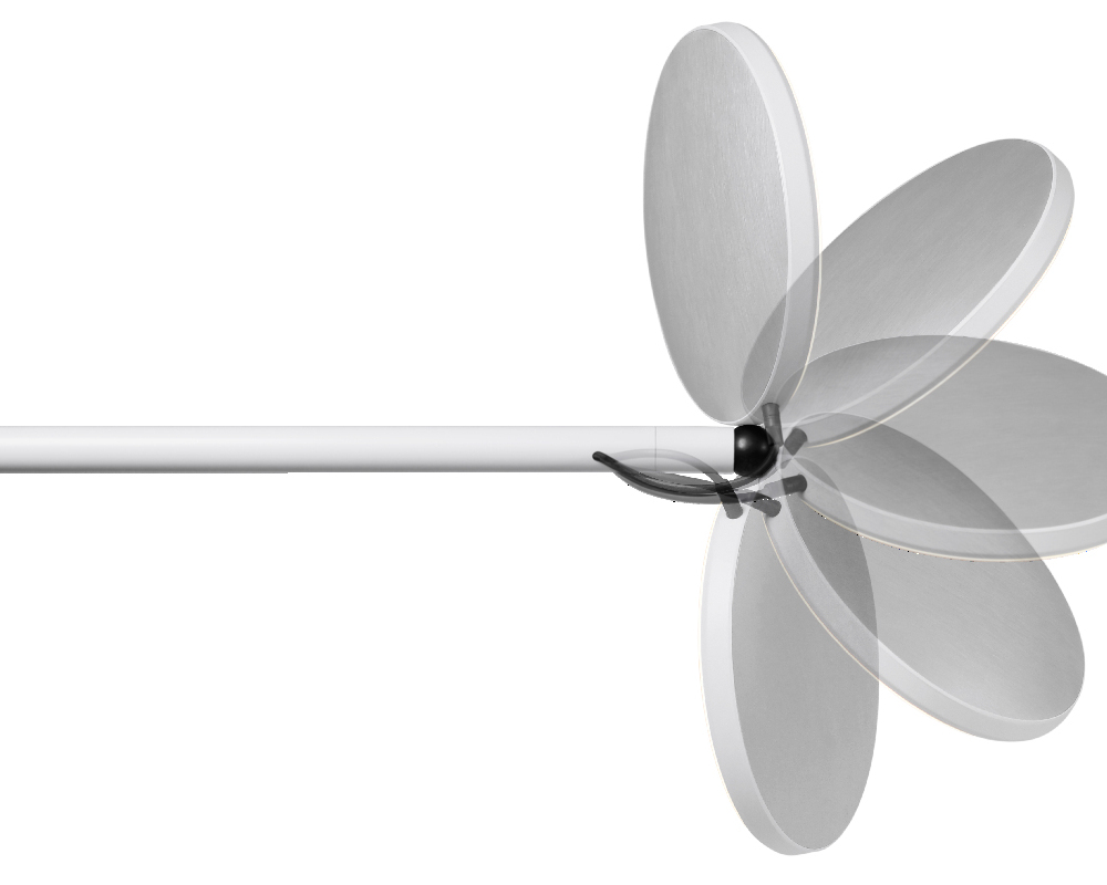 Movable AVVENI Light Head Horizontally aligned cylindrical white AVVENI luminaire body, to the end of which the luminaire head is connected via a black magnetic ball joint, the movement of which is shown here by superimposed images with different orientations of the luminaire head.