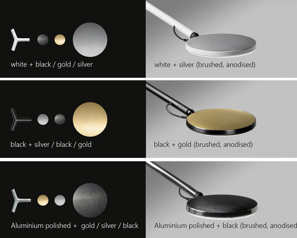 Noble AVVENI surface colour combinations (Aluminium brushed, anodised) Three images in one top down: structural colour: white, matt black or polished aluminium, can be combined with the elegant light head cover colours in brushed, anodised silver, black or gold. Writing in the pictures: the surface colour combinations shown are named in words.