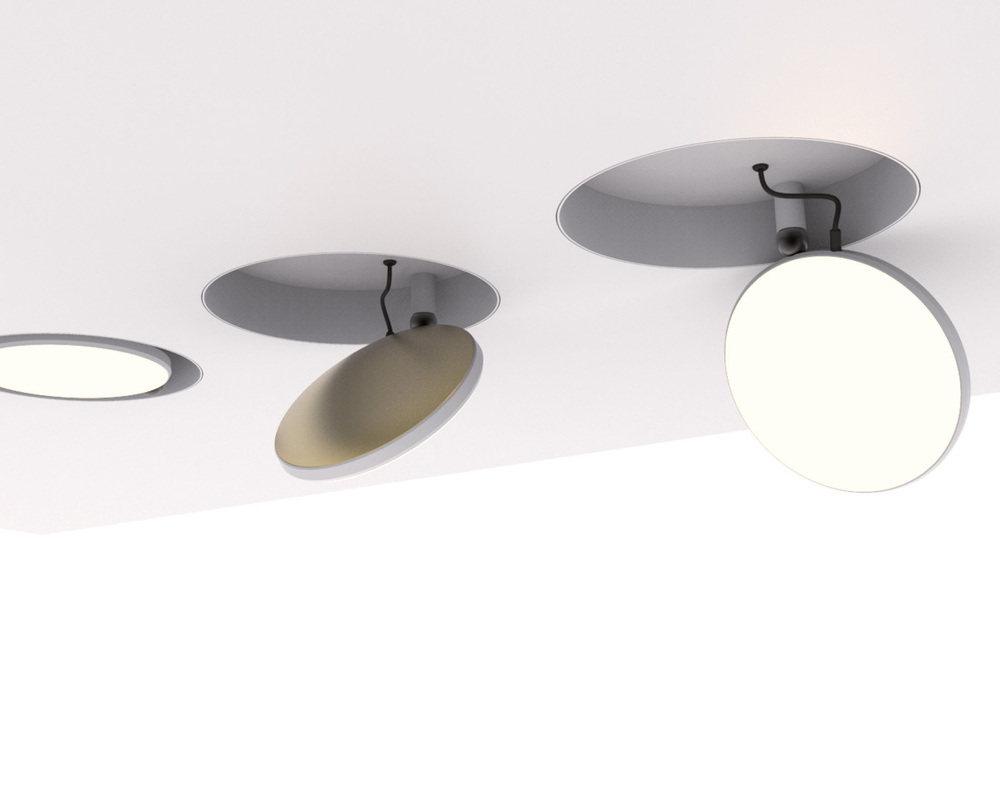 White ceiling with three flat, round AVVENI downlights that are flush with the ceiling from left to right or folded out in stages. All AVVENI downlights without a frame, i.e. the built-in luminaire head holder is flush with the ceiling.