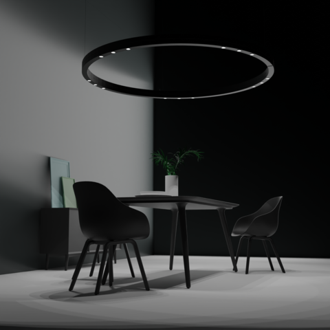 Glare-free ring luminaire A black ring pendant light, DUETTO LENS, with round lenses arranged in groups above a black table with black chairs.
