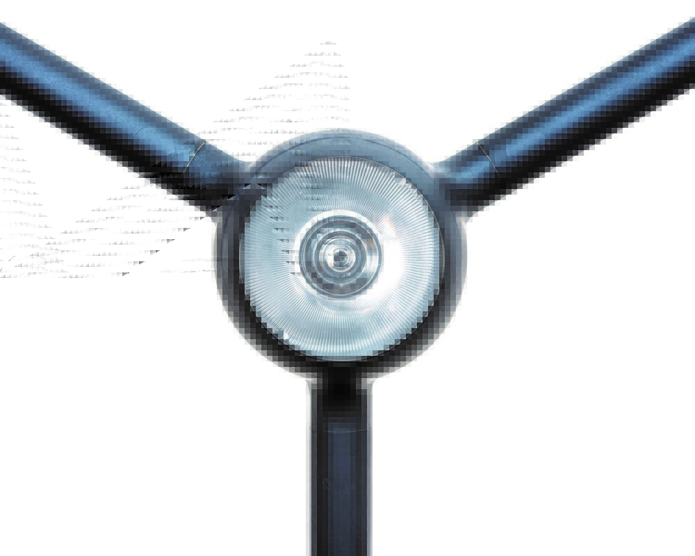 node point Front of the light head of the FAVO CELL luminaire's mesh structure as a node with three symmetrically extending arms in anthracite surface colour, with a large round lens for direct light in the centre of the light head.