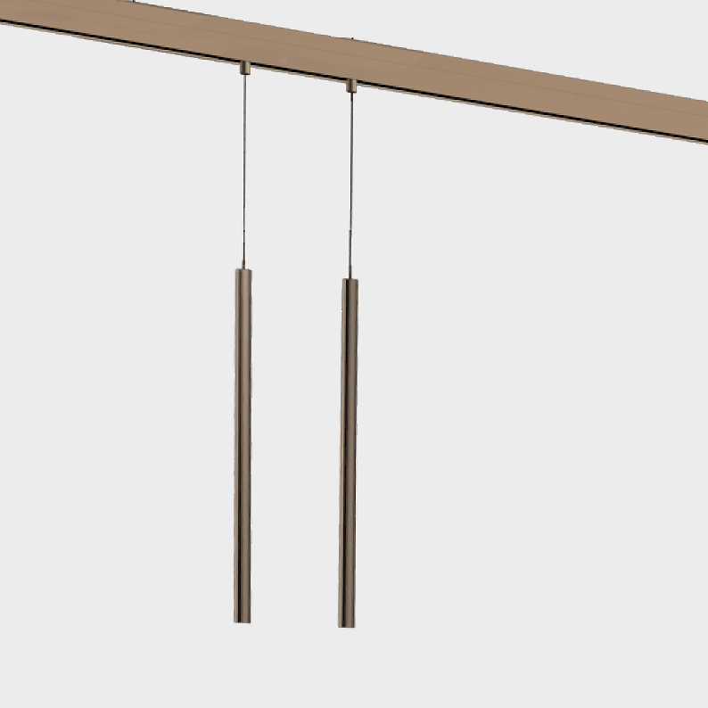 Zylindrische Stabpendelleuchte FINO PENDANT als Lichtelement für PALADIO TRACK Ausschnitt von zwei bronze farbenen schlanken zylindrischen Stabpendelleuchten FINO PENDANT als Lichtelement in einer bronzefarbenen Stromschiene PALADIO TRACK.