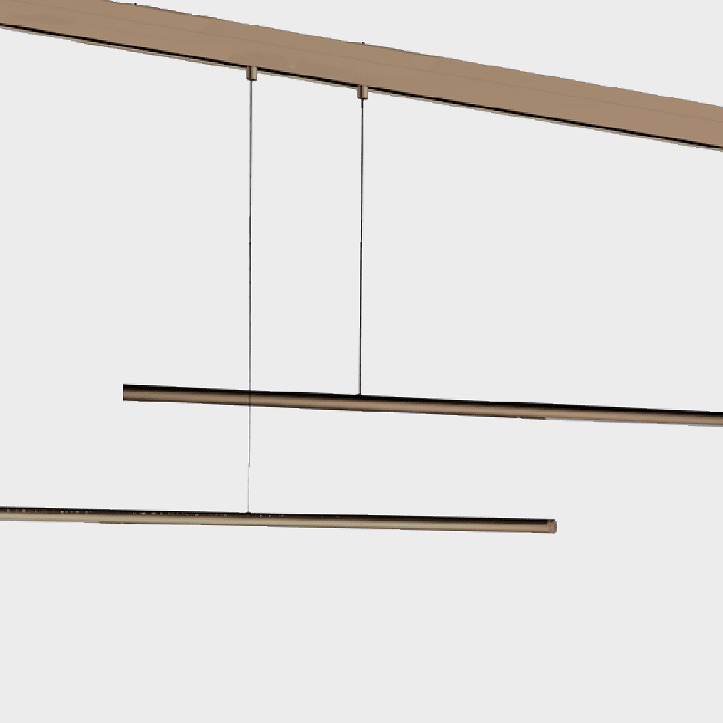 Zylindrische horizontale Stabpendelleuchte PALITO PENDANT als Lichtelement für PALADIO TRACK Ausschnitt von zwei bronze farbenen schlanken zylindrischen horizontalen Stabpendelleuchten PALITO PENDANT als Lichtelement in einer bronzefarbenen Stromschiene PALADIO TRACK.