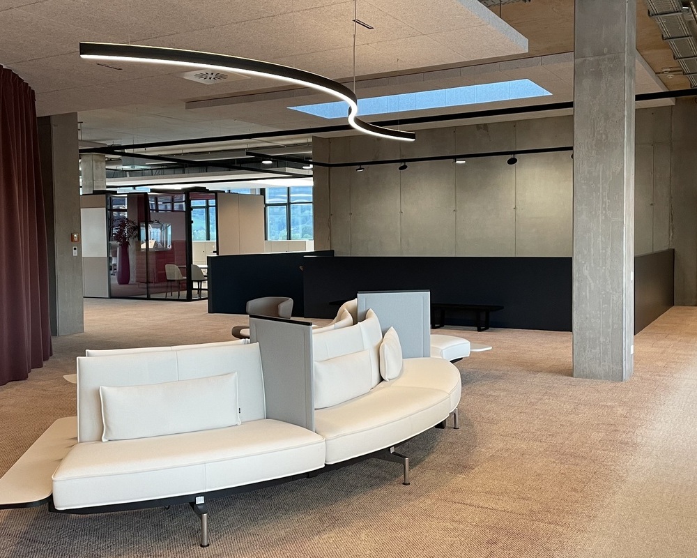 Flexible Formen mit DUETTO - Hier: Sofa S-Form durch Pendelleuchte nachempfungen Loungebereich bzw. flexibler Besprechungsbereich mit Sofa in S-Form, darüber lineare Leuchte in gleicher Form gebogen (DUETTO).